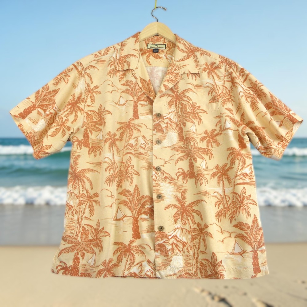 Tommy Bahama Hawaiian Aloha Shirt Mens XL Tan Peach 100% Silk Palm Trees Camp